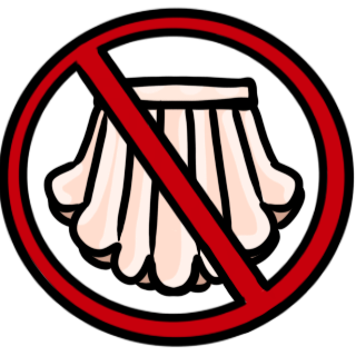 a scallop shell inside a red circle with a line across it.